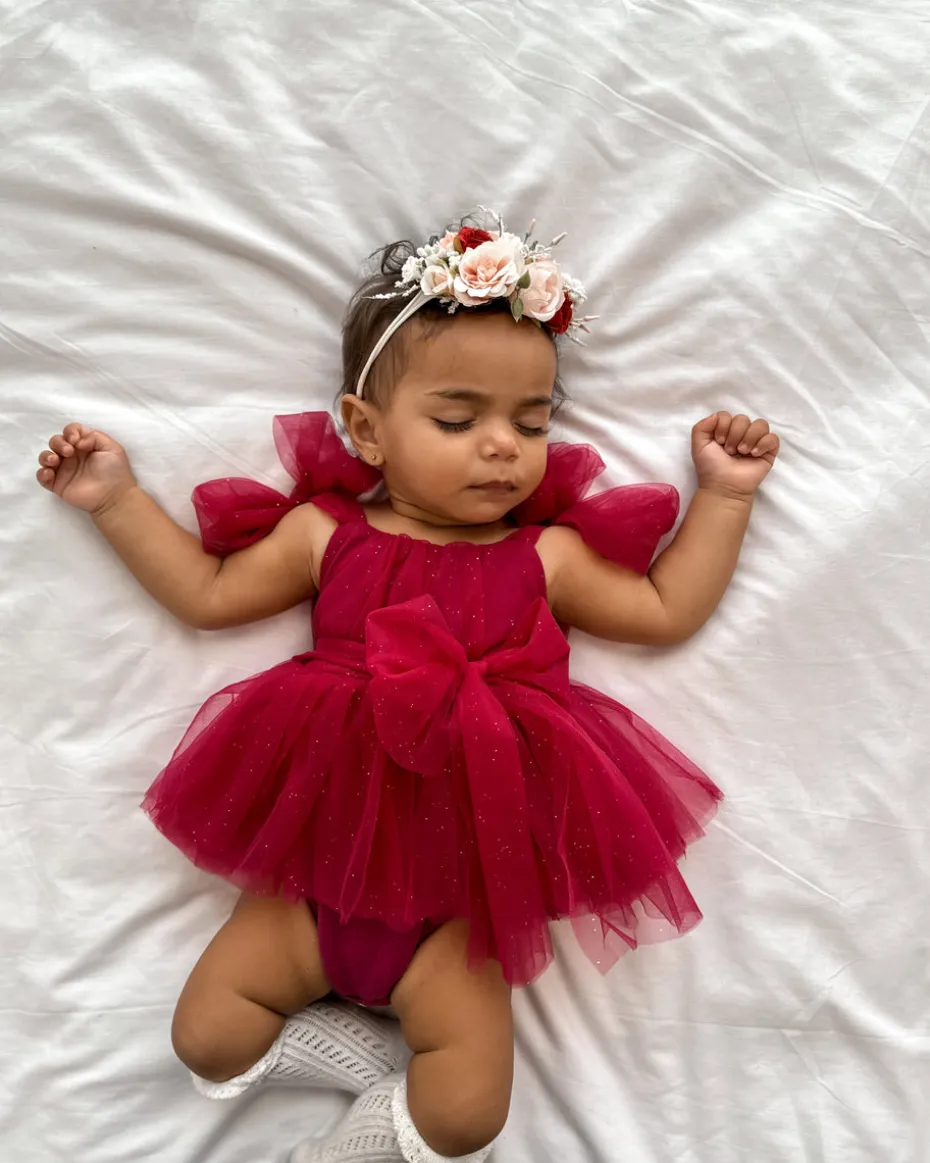 English Rose Romper Ruby Red Sparkle Baby Girl Romper