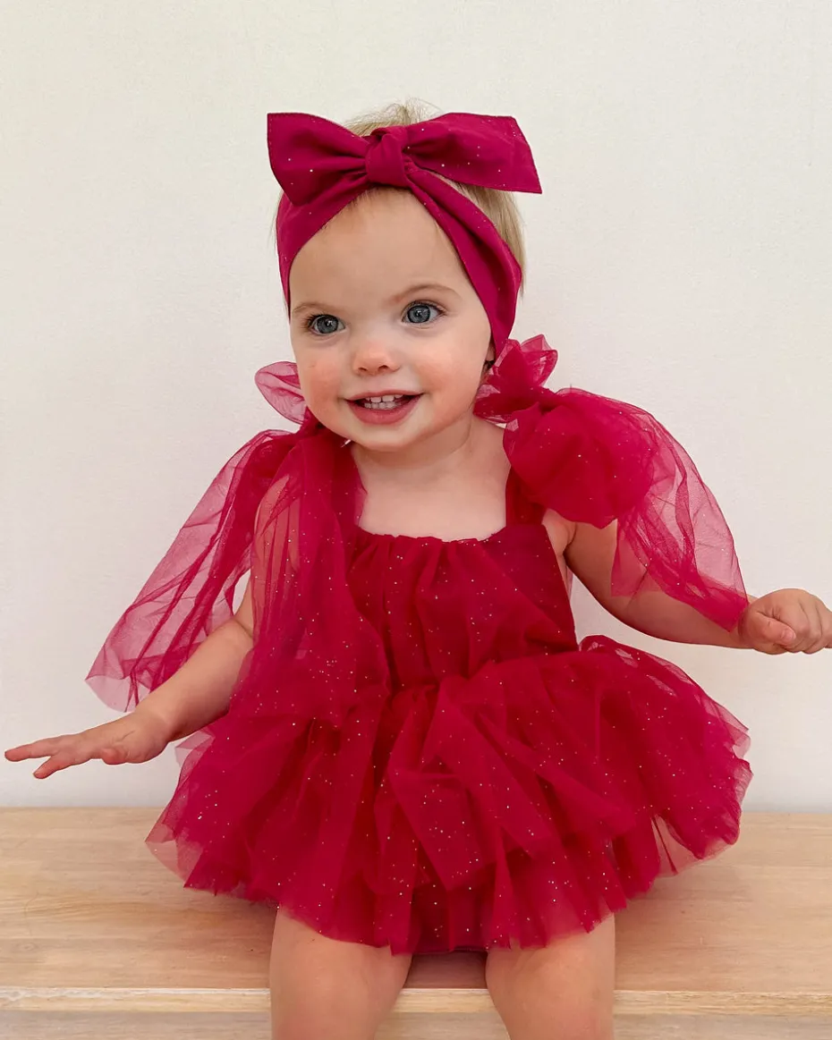 English Rose Romper Ruby Red Sparkle Baby Girl Romper