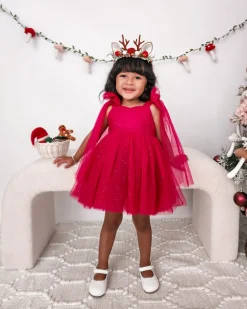 English Rose Ruby Red Sparkle Girls Party Dress