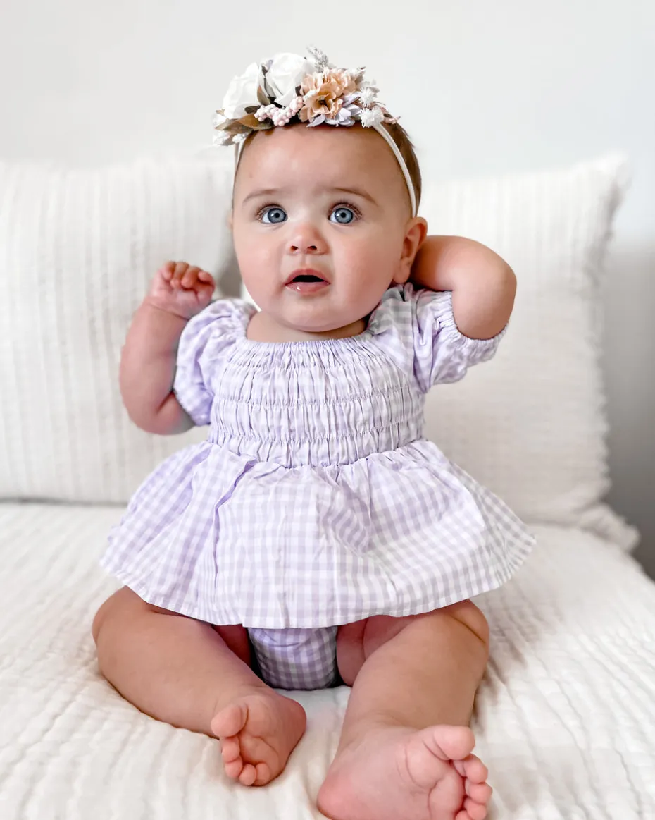 Evie Lou Baby Girl Purple Gingham Romper