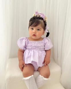 Evie Lou Baby Girl Purple Gingham Romper