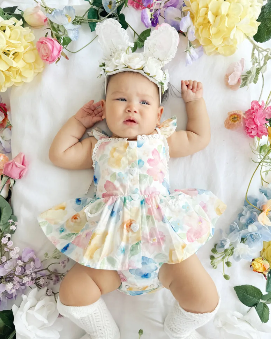 Lacie Lou Bunny Ears Floral Stretch Headband - White