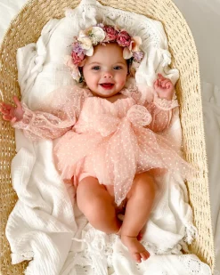 Swiss Dot Bloom Pink Rose Baby Girl Romper Romper