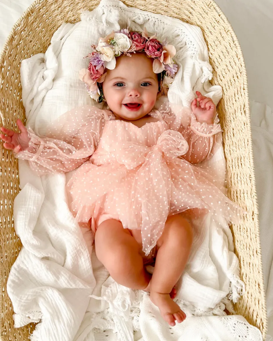 Swiss Dot Bloom Pink Rose Baby Girl Romper Romper