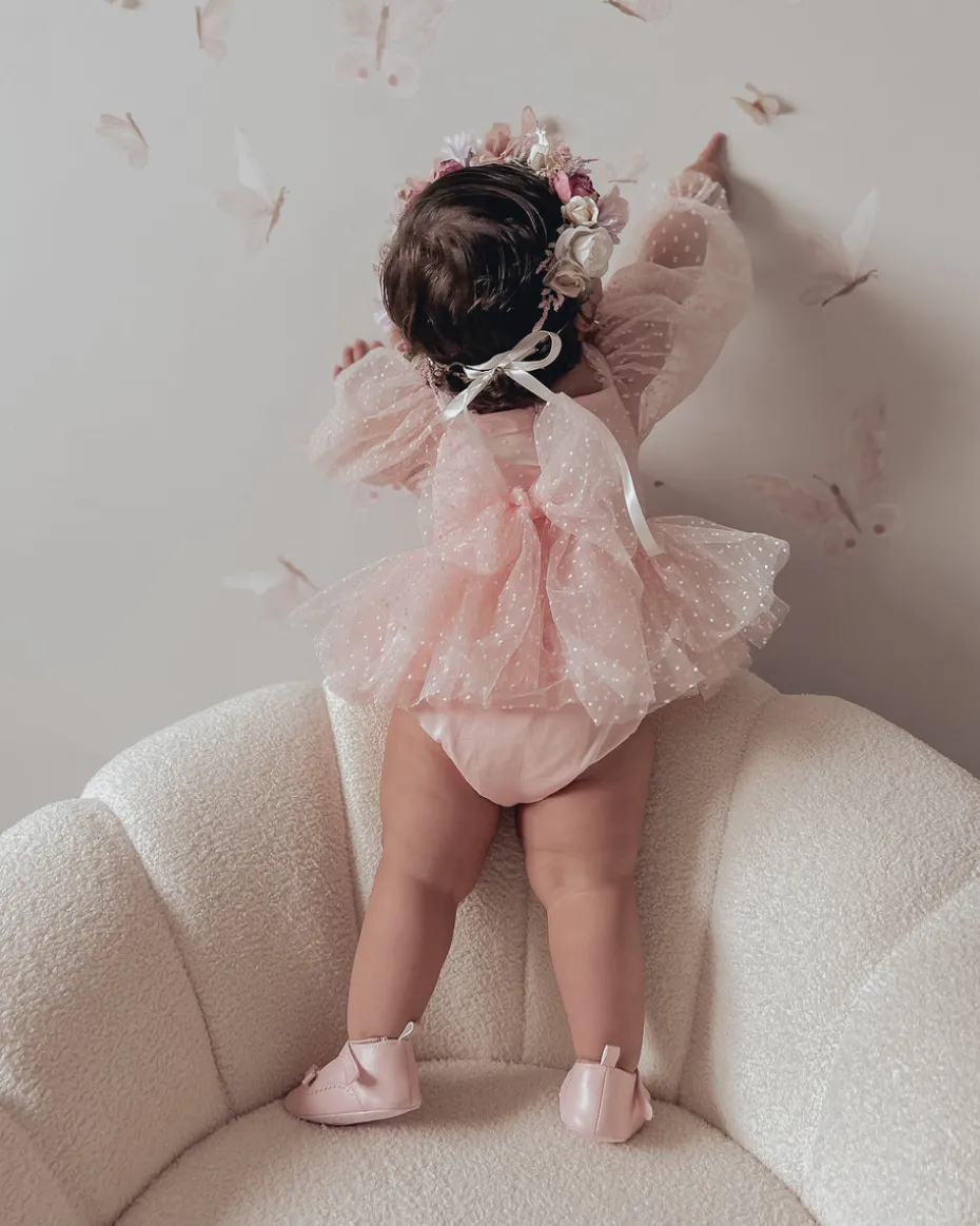 Swiss Dot Bloom Pink Rose Baby Girl Romper Romper