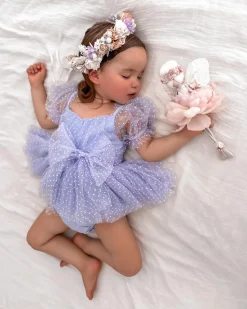Swiss Dot Periwinkle Flower Fairy Baby Girl Romper