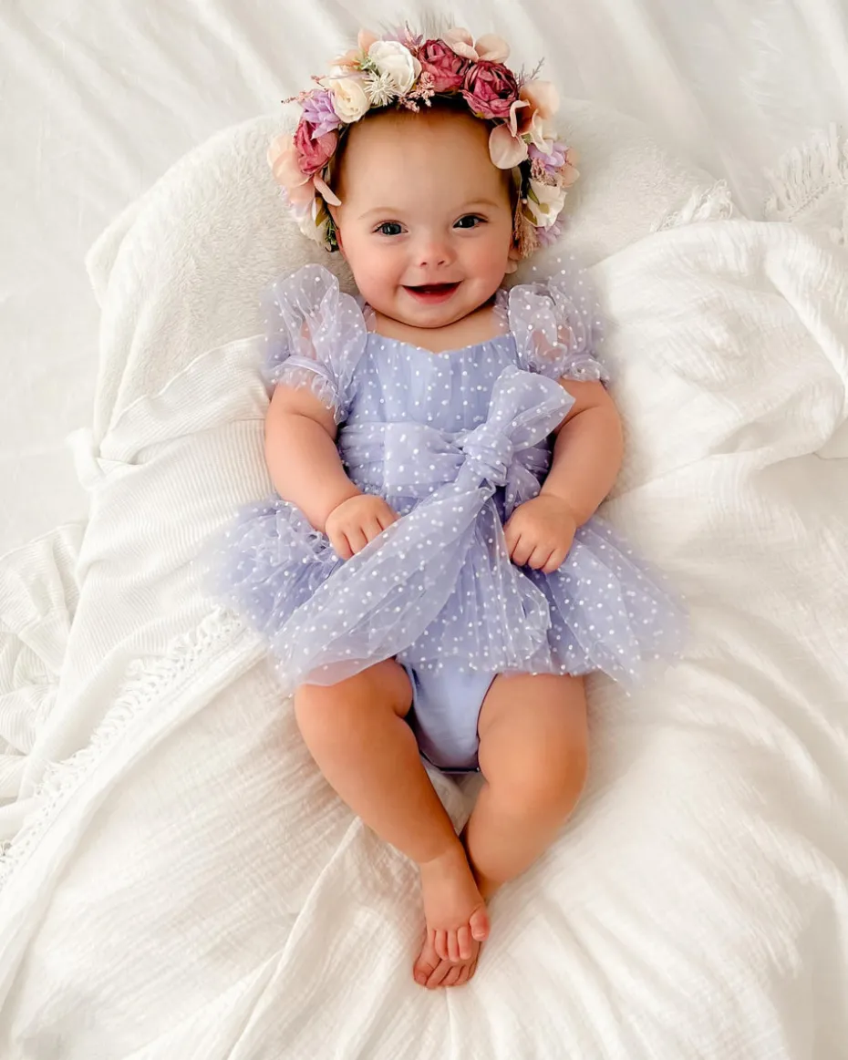 Swiss Dot Periwinkle Flower Fairy Baby Girl Romper
