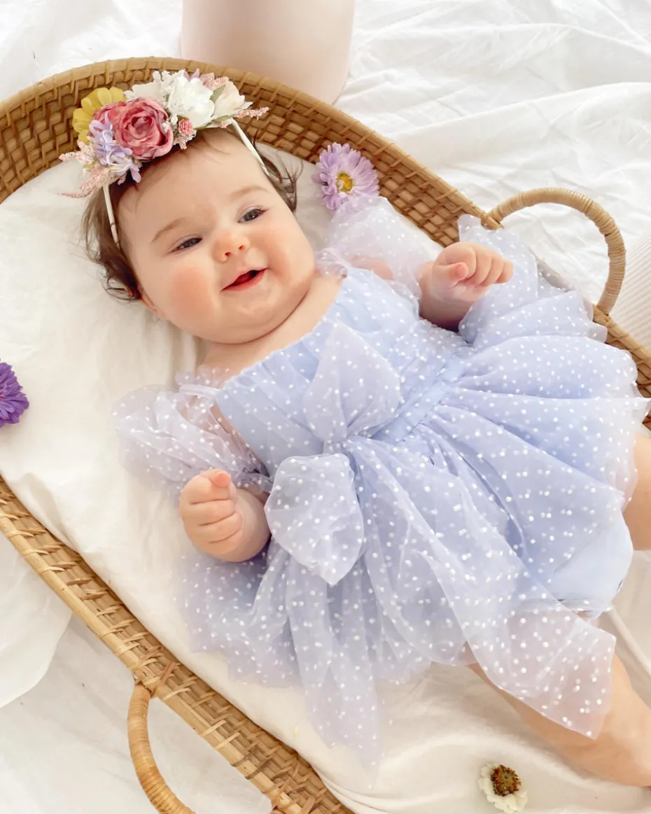 Swiss Dot Periwinkle Flower Fairy Baby Girl Romper