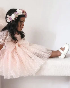 Swiss Dot Pink Rose Gardenia Flower Girl Dress