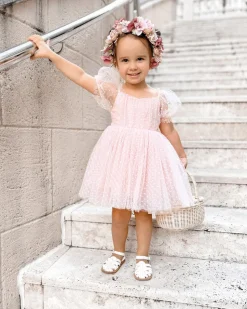 Swiss Dot Pink Rose Gardenia Flower Girl Dress