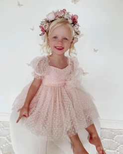 Swiss Dot Pink Rose Gardenia Flower Girl Dress