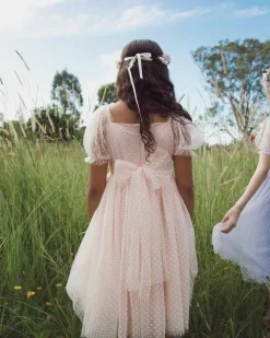 Swiss Dot Pink Rose Gardenia Flower Girl Dress