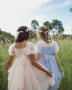 Swiss Dot Pink Rose Gardenia Flower Girl Dress
