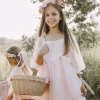 Swiss Dot Rosebud Pink Rose Flower Girl Dress
