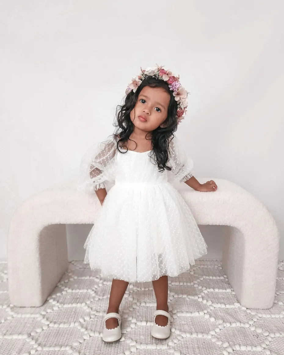 Swiss Dot Rosebud White Flower Girl Dress