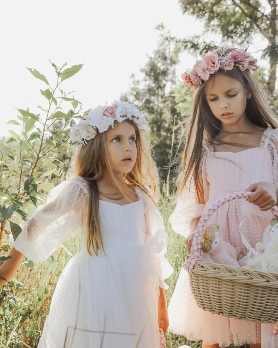 Swiss Dot Rosebud White Flower Girl Dress