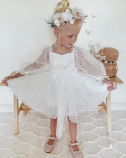 Swiss Dot Rosebud White Flower Girl Dress