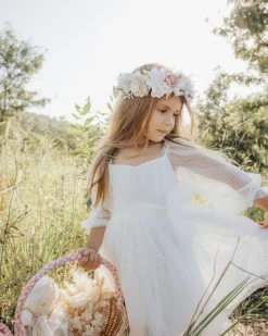 Swiss Dot Rosebud White Flower Girl Dress