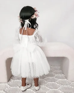 Swiss Dot Rosebud White Flower Girl Dress