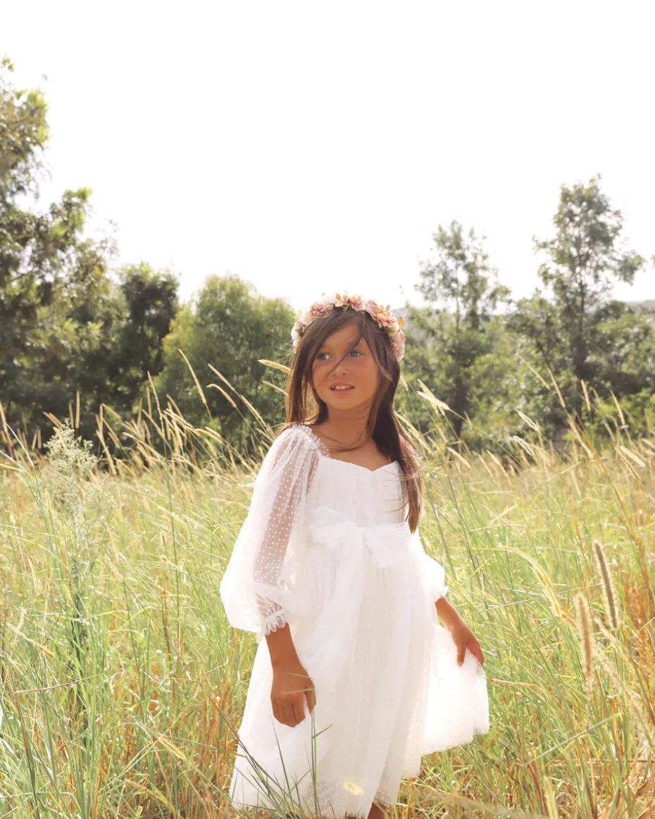 Swiss Dot Rosebud White Flower Girl Dress
