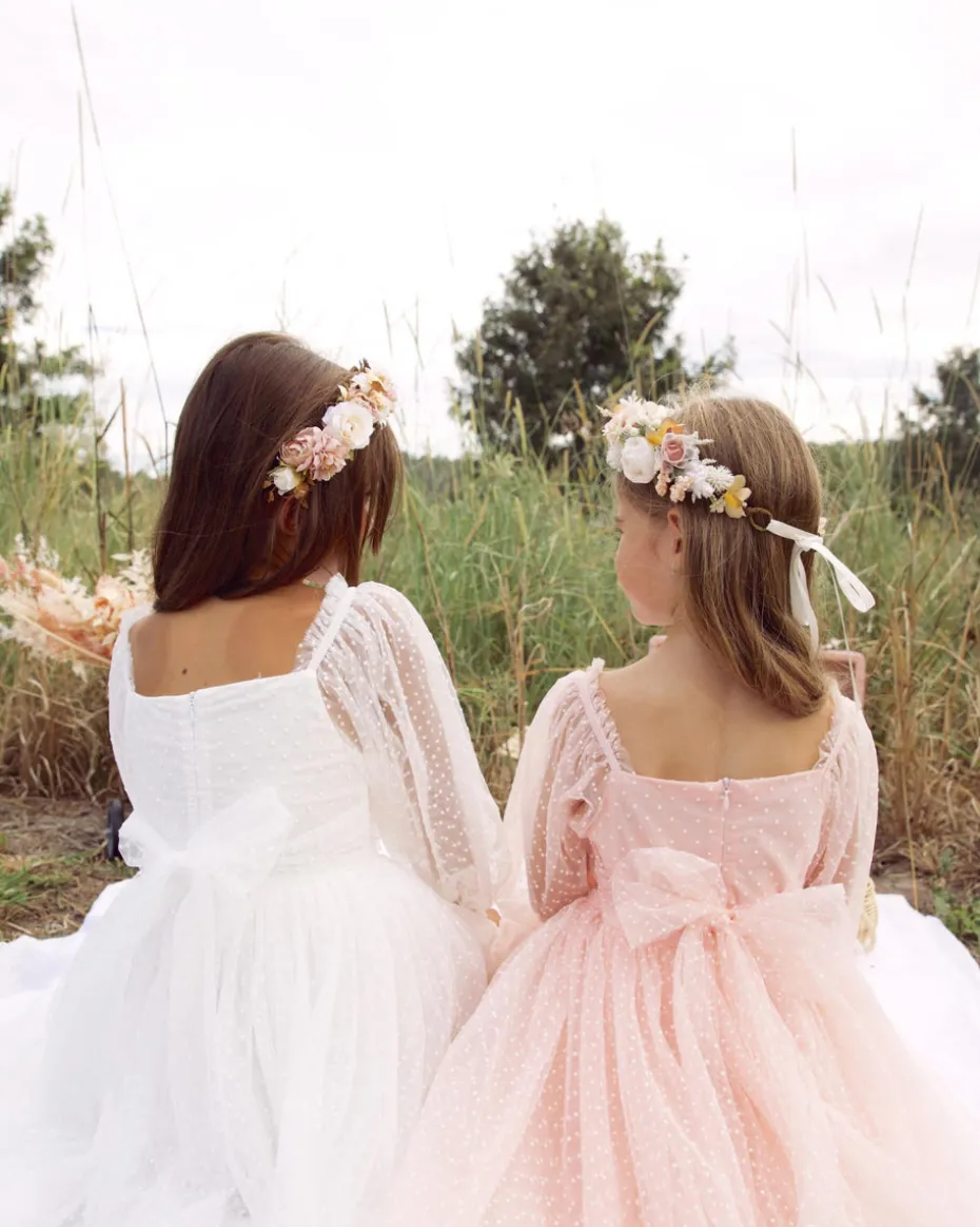 Swiss Dot Rosebud White Flower Girl Dress