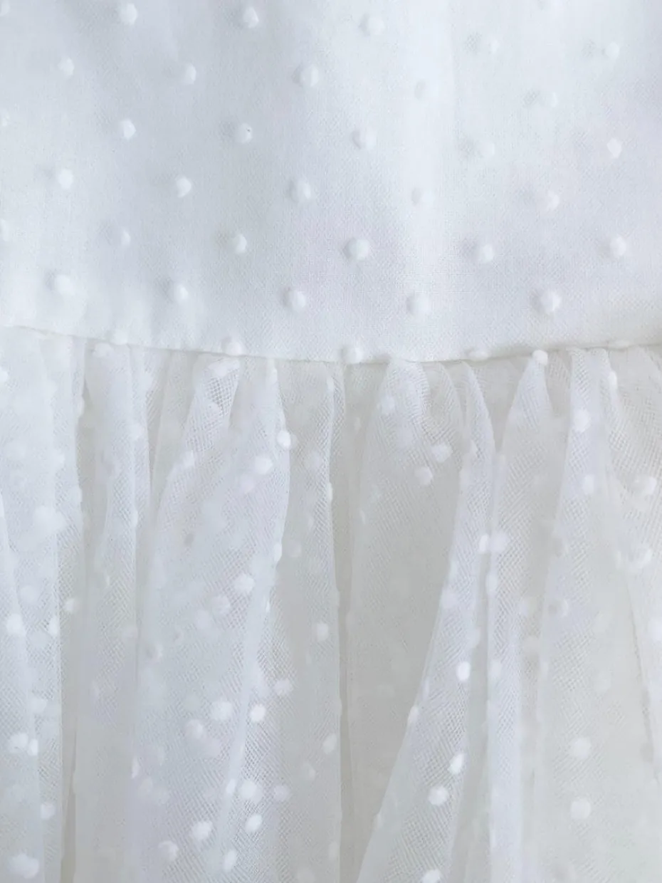 Swiss Dot Rosebud White Flower Girl Dress